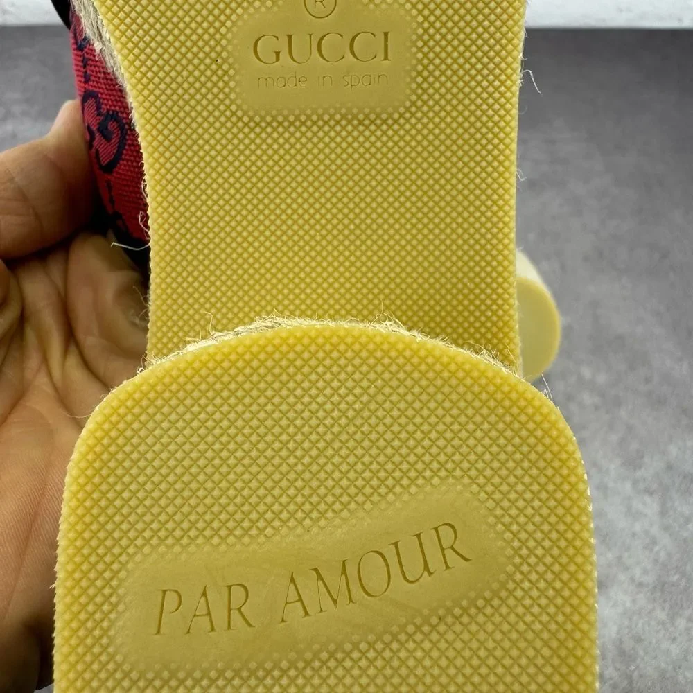 Gucci Multicolor Criss Cross Strap Red and Pink Espadrille Sandals Slides 37